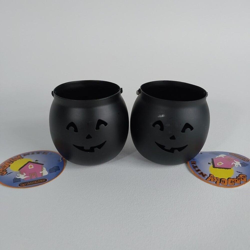 2 VTG Halloween Candle Holders Pumpkin Black‎ Metal Caldron Jack-O-Lantern 3"